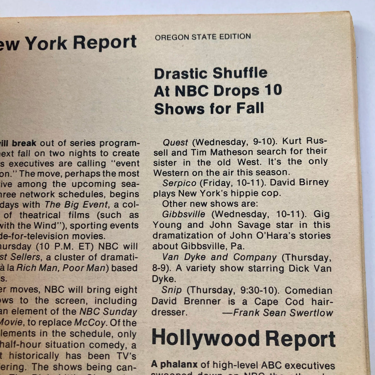 TV Guide Magazine April 24 1976 #1204 featuring Beatrice Arthur and the Oregon State Edition. This magazine's page shows the New York Report discussing the drastic shuffle at NBC, listing new shows and changes in the television lineup for fall 1976.
