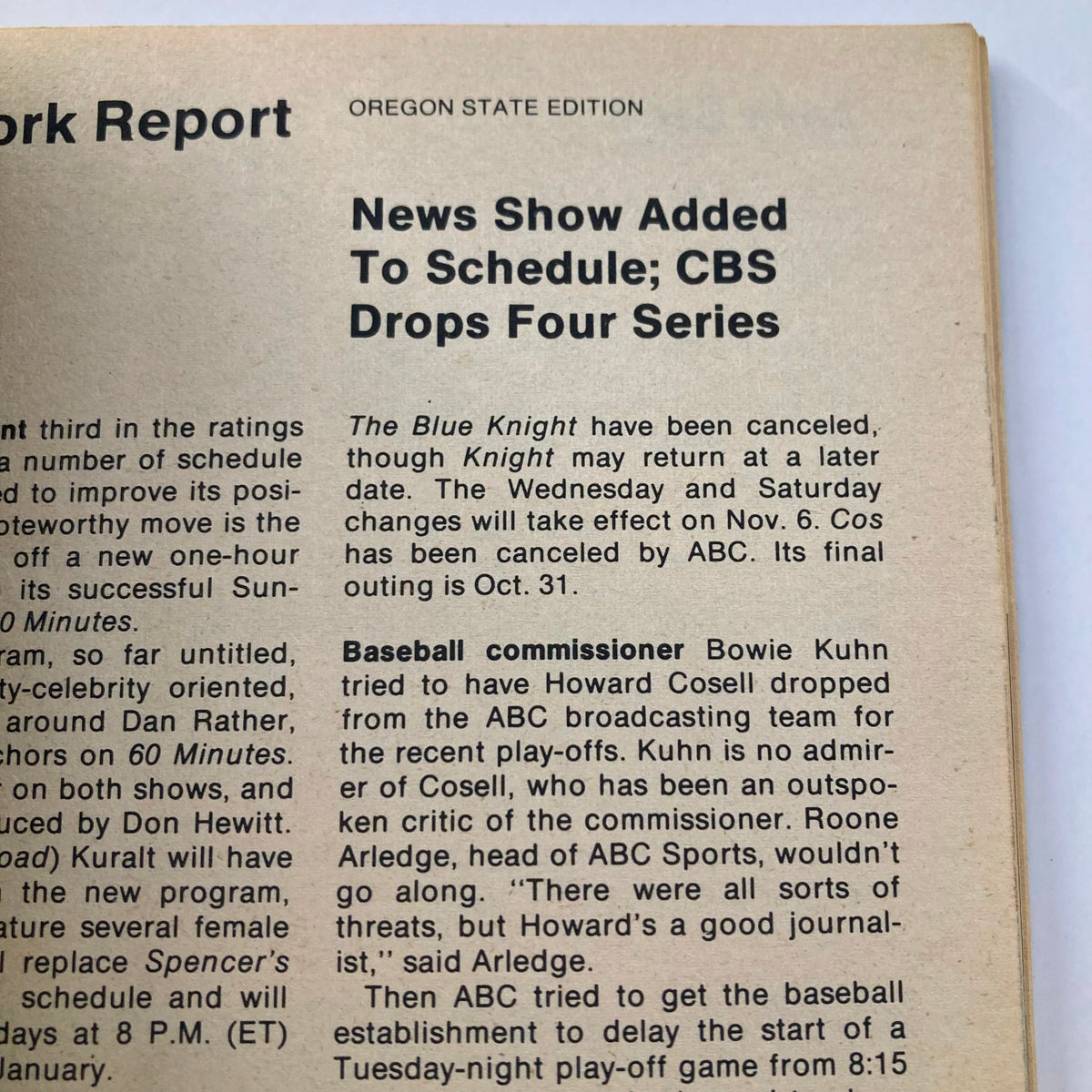 Oregon State Edition inside page of TV Guide Magazine October 30, 1976 announcing schedule changes for CBS and cancellation of shows including 'The Blue Knight', relevant to current television offerings.