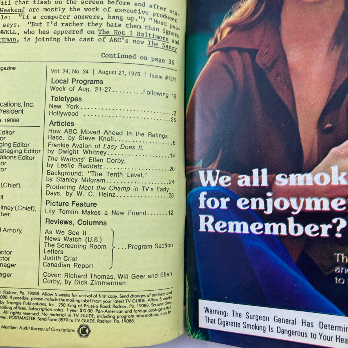 Inside page of TV Guide Magazine August 21 1976 #1221 showcasing articles and features from a pivotal era in television history, including Richard Thomas on the cover.