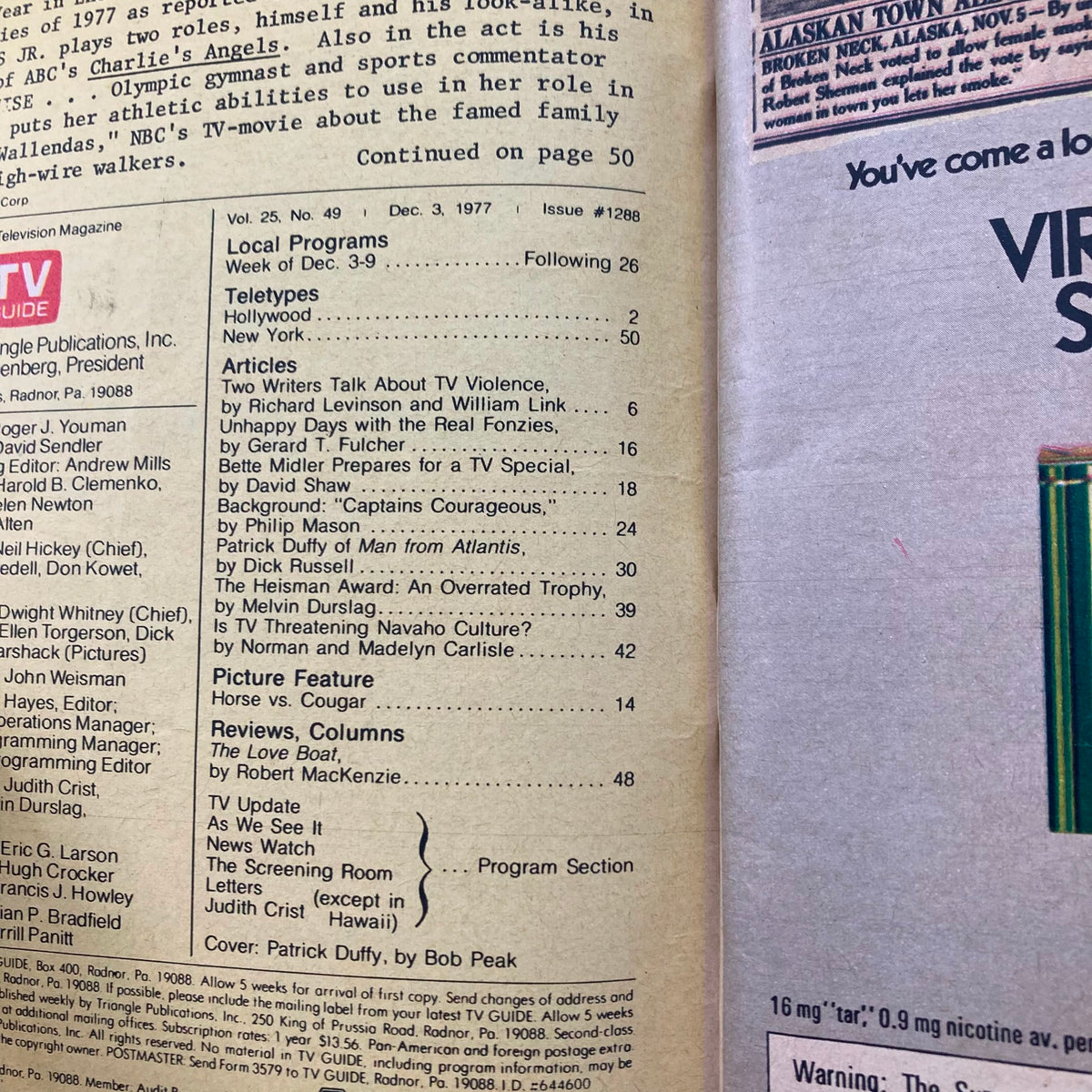 Interior page of TV Guide Magazine dated December 3, 1977, showing the contents and local programs, including an article about Patrick Duffy from 'Man from Atlantis.'