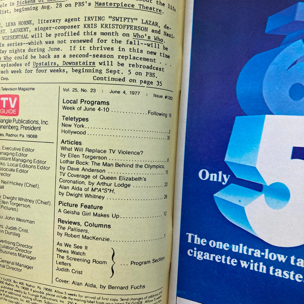 Interior page of TV Guide Magazine June 4, 1977, Issue #1262 featuring program listings and articles including Alan Alda of M*A*S*H and features on PBS schedule.