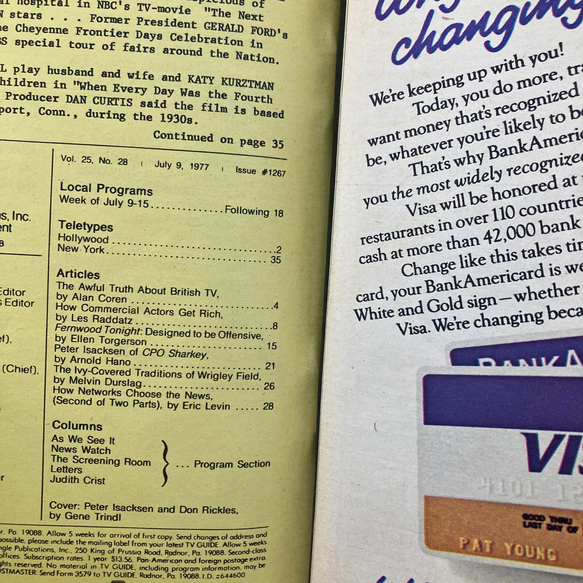 Inside page of TV Guide Magazine July 9, 1977 displaying the contents and articles, including pieces on British TV and actor features.
