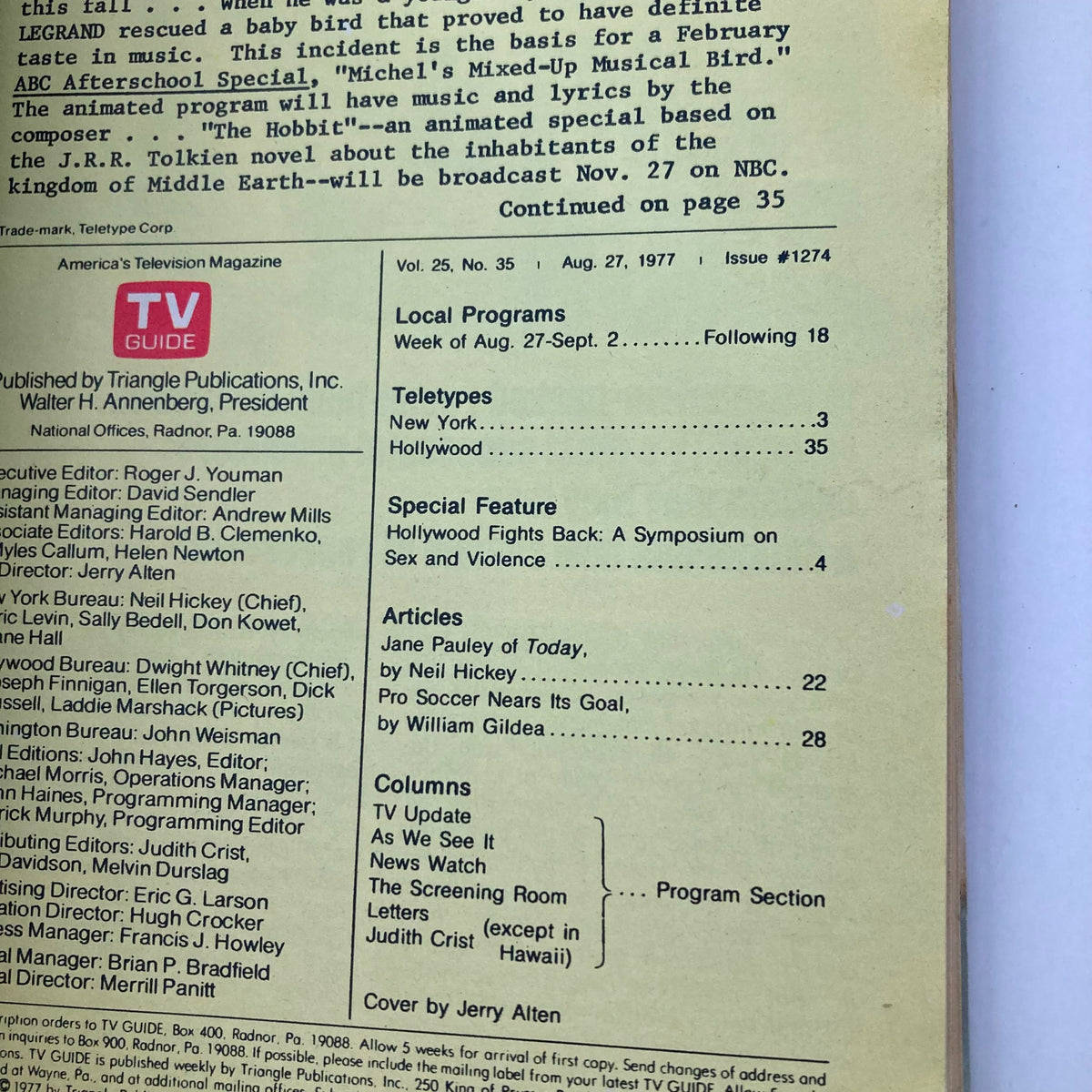 Inside page of TV Guide Magazine August 27, 1977, showing details including the local programs for the week and a special feature on 'Hollywood Fights Back' regarding sex and violence in media.