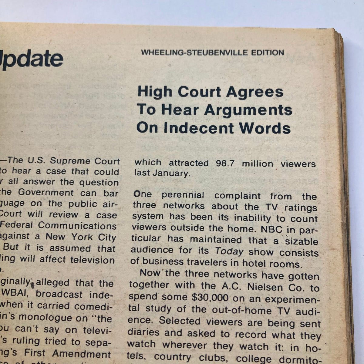 Editorial page from Wheeling-Steubenville edition of TV Guide Magazine January 28 1978 discussing Supreme Court hearings on indecency in broadcasting.