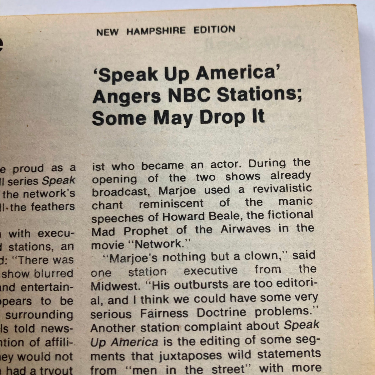 Excerpt from TV Guide Magazine June 7 1980 #1419 discussing the show 'Speak Up America' and reactions from NBC stations, highlighting the controversial nature of the program.