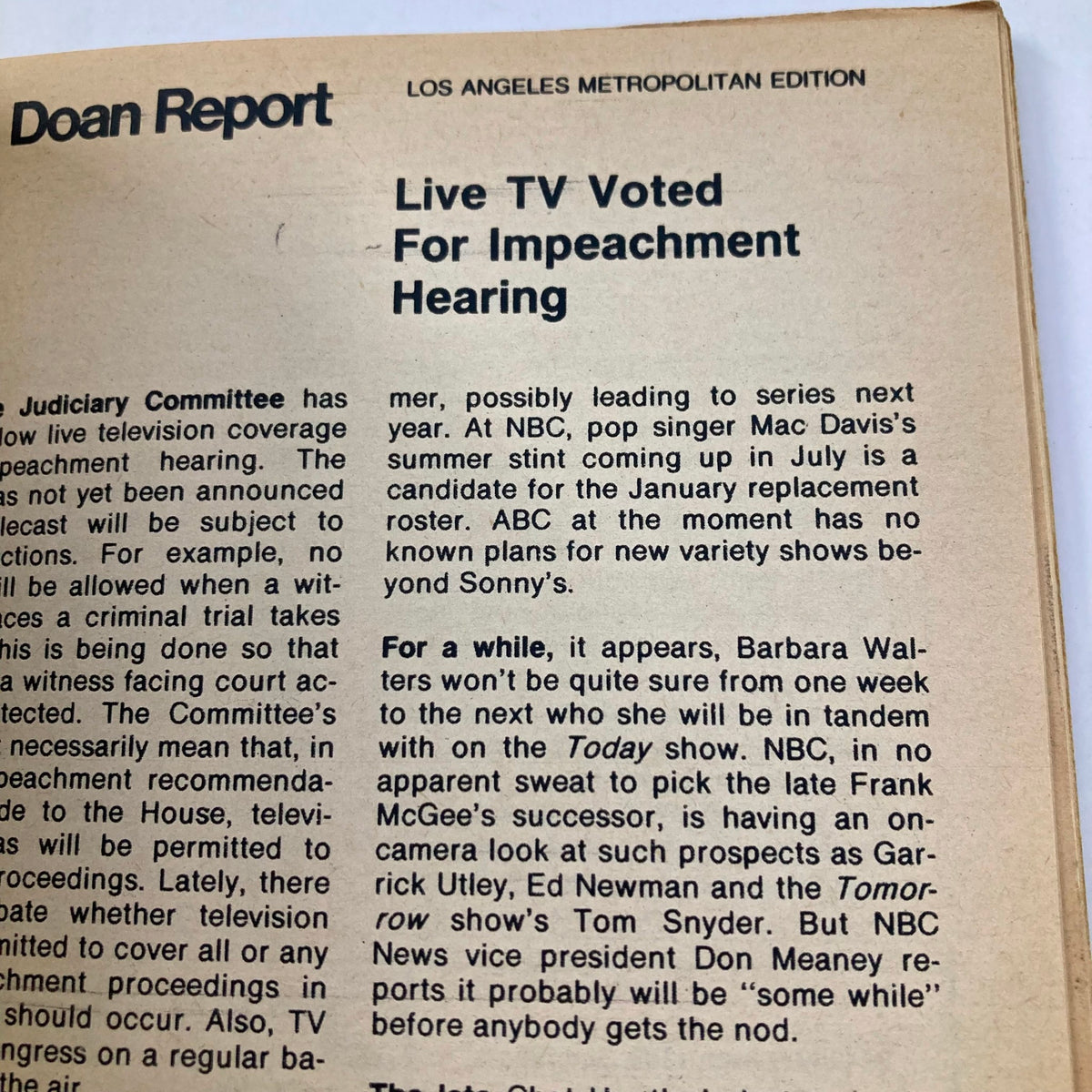 Another page from TV Guide Magazine May 11 1974 #1102 showcasing the Doan Report discussing live television and the impeachment hearings.
