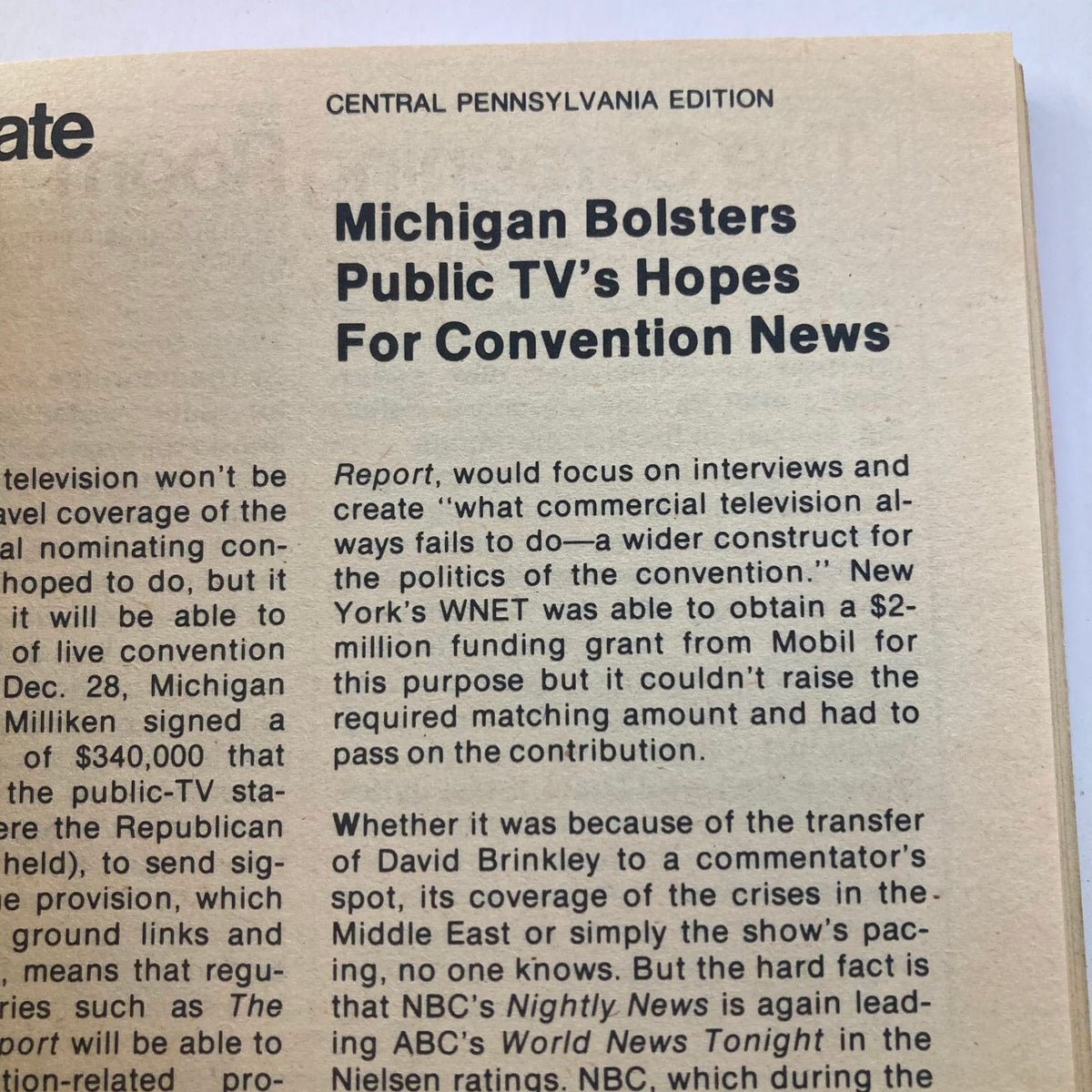 Inside page of TV Guide Magazine January 19 1980, Central Pennsylvania Edition, discussing Michigan's role in bolstering public television's coverage and its hopes for convention news.