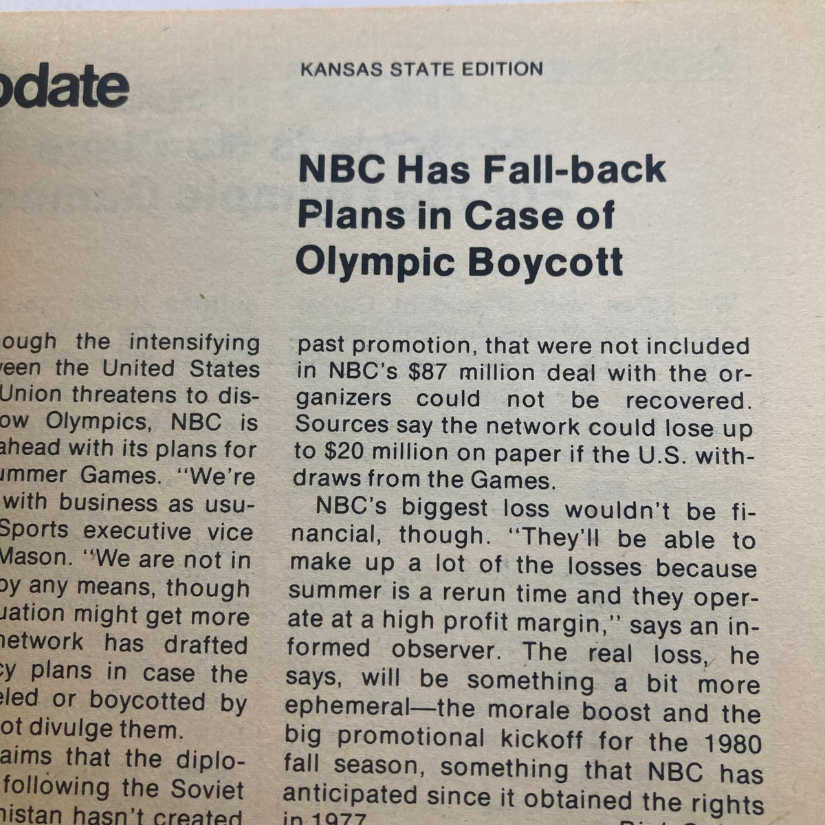 Inside page of TV Guide Magazine January 26 1980, Kansas State Edition, detailing NBC's fallback plans in case of Olympic boycott, with a discussion about financial implications for the network.
