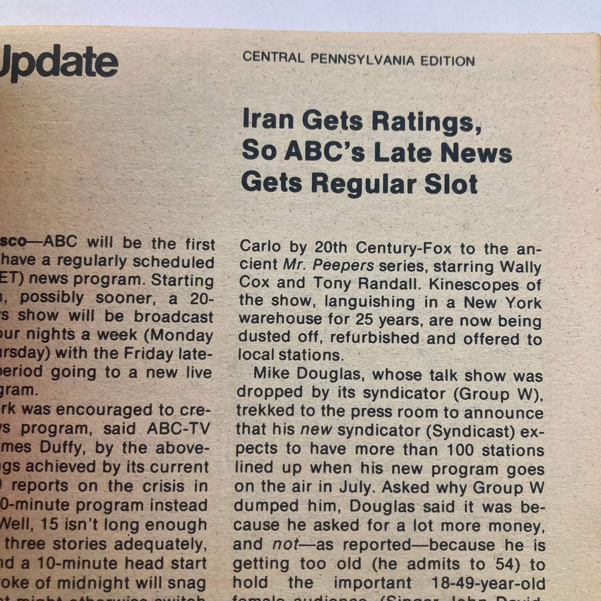 Details from the Central Pennsylvania Edition of TV Guide Magazine, highlighting television programming updates and news during the 1980s. Includes a segment on ABC's late news programming changes.