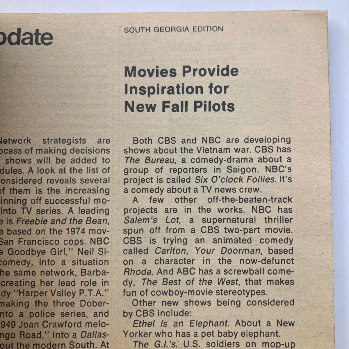 TV Guide Magazine dated April 5, 1980, featuring the title 'Baseball Winners South Georgia Edition'. The image shows the magazine's interior page with an article discussing new fall television pilots inspired by movies, highlighting various upcoming shows and their themes.