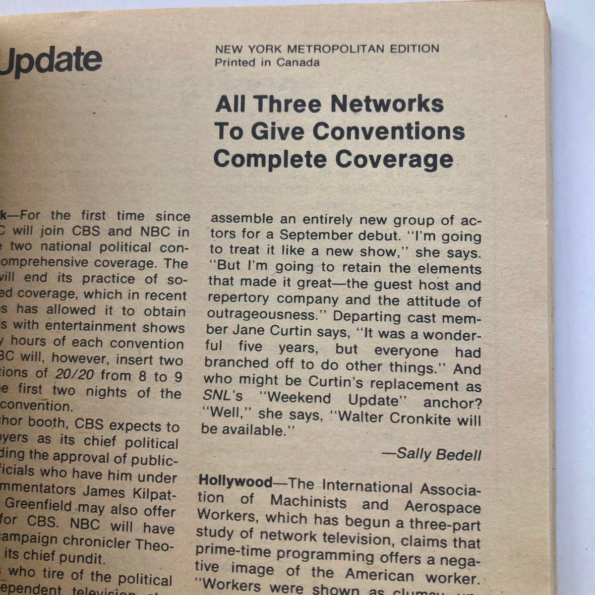 An interior page from TV Guide Magazine June 28, 1980 highlighting a news update about network coverage of conventions and featuring insights from actors and television personalities.