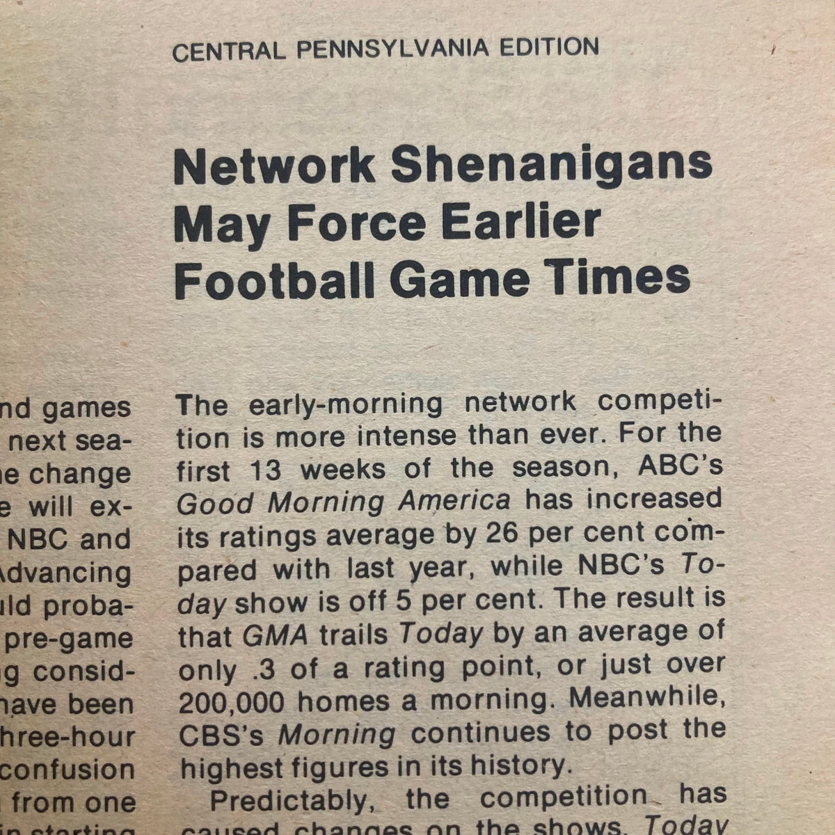TV Guide Magazine January 5 1980 featuring an article about network competition affecting football game times in Central Pennsylvania edition. The image shows text discussing the ratings of ABC's Good Morning America, NBC's Today, and CBS's Morning.