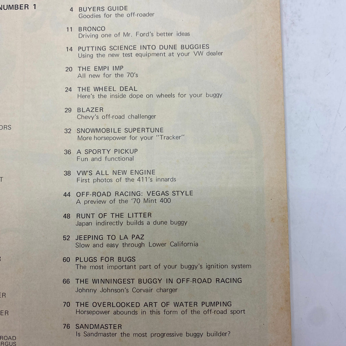 Contents page of the VTG Popular Hot Rodding Spring 1970 Wild World of Off-Road Vehicles magazine, listing articles about off-road racing, vehicles, and tuning tips.