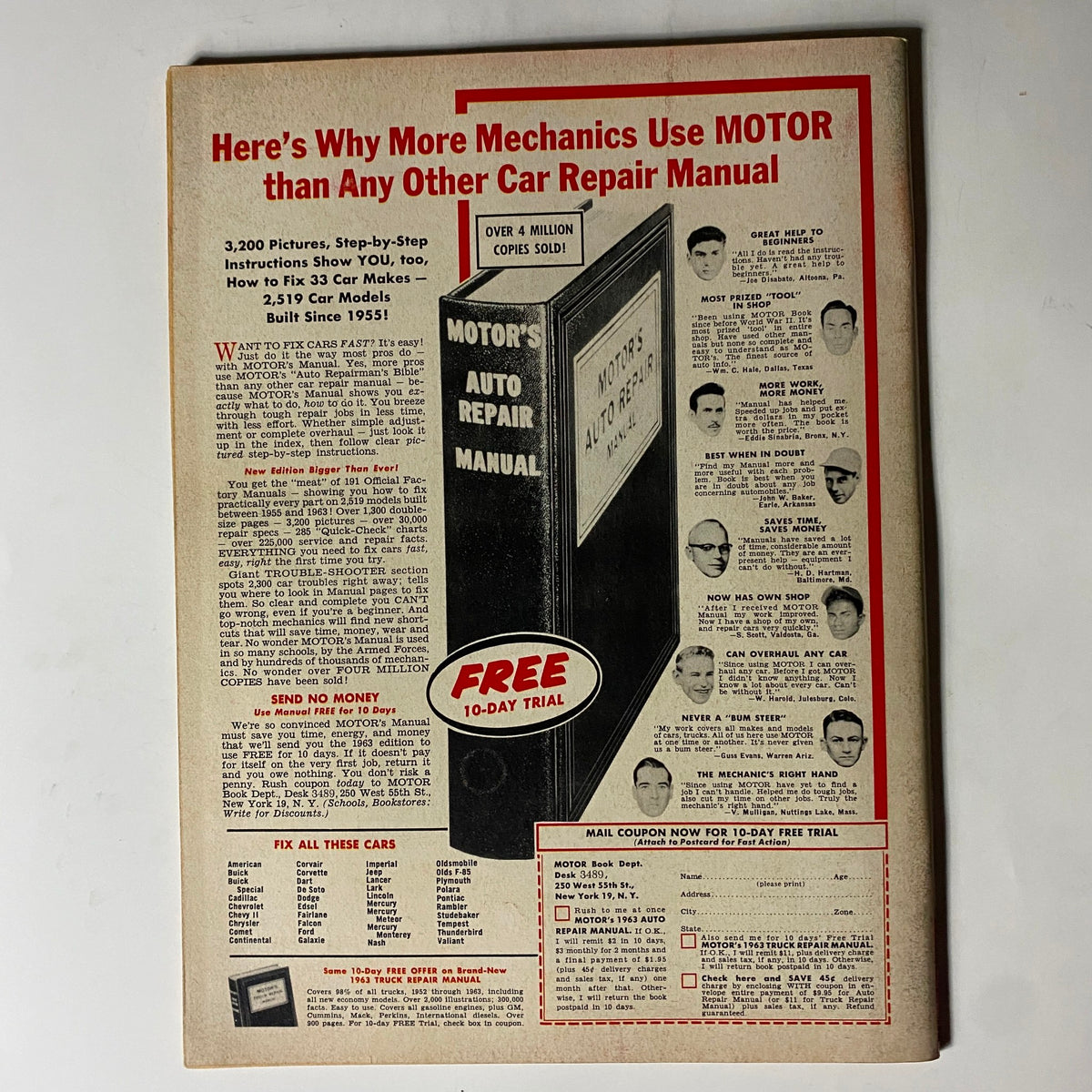 Vintage advertisement for MOTOR'S Auto Repair Manual highlighting its popularity, featured in the VTG Cars Magazine September 1963. The ad emphasizes its step-by-step instructions and a free 10-day trial offer, showcasing the manual's utility for car repair.
