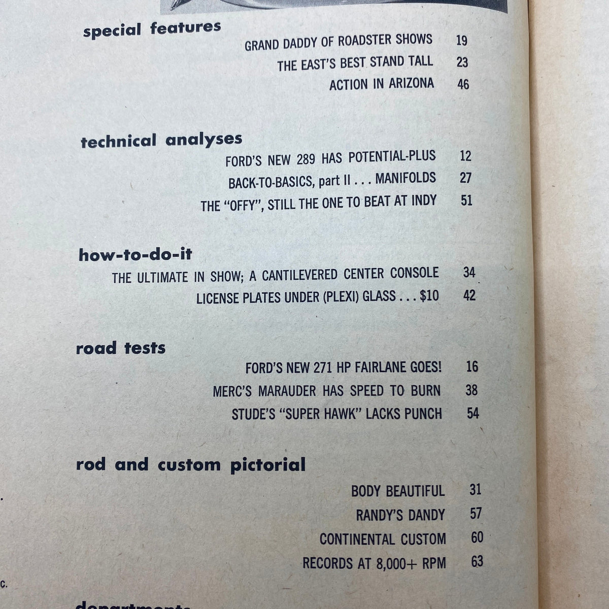 Table of contents from VTG Cars Magazine July 1963, featuring highlights like the Offy engine, technical analyses, road tests, and special features related to automotive advancements.