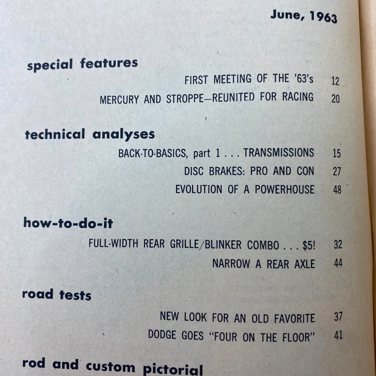 Table of contents from VTG Cars Magazine June 1963 listing special features, technical analyses, and how-to guides on automotive topics.