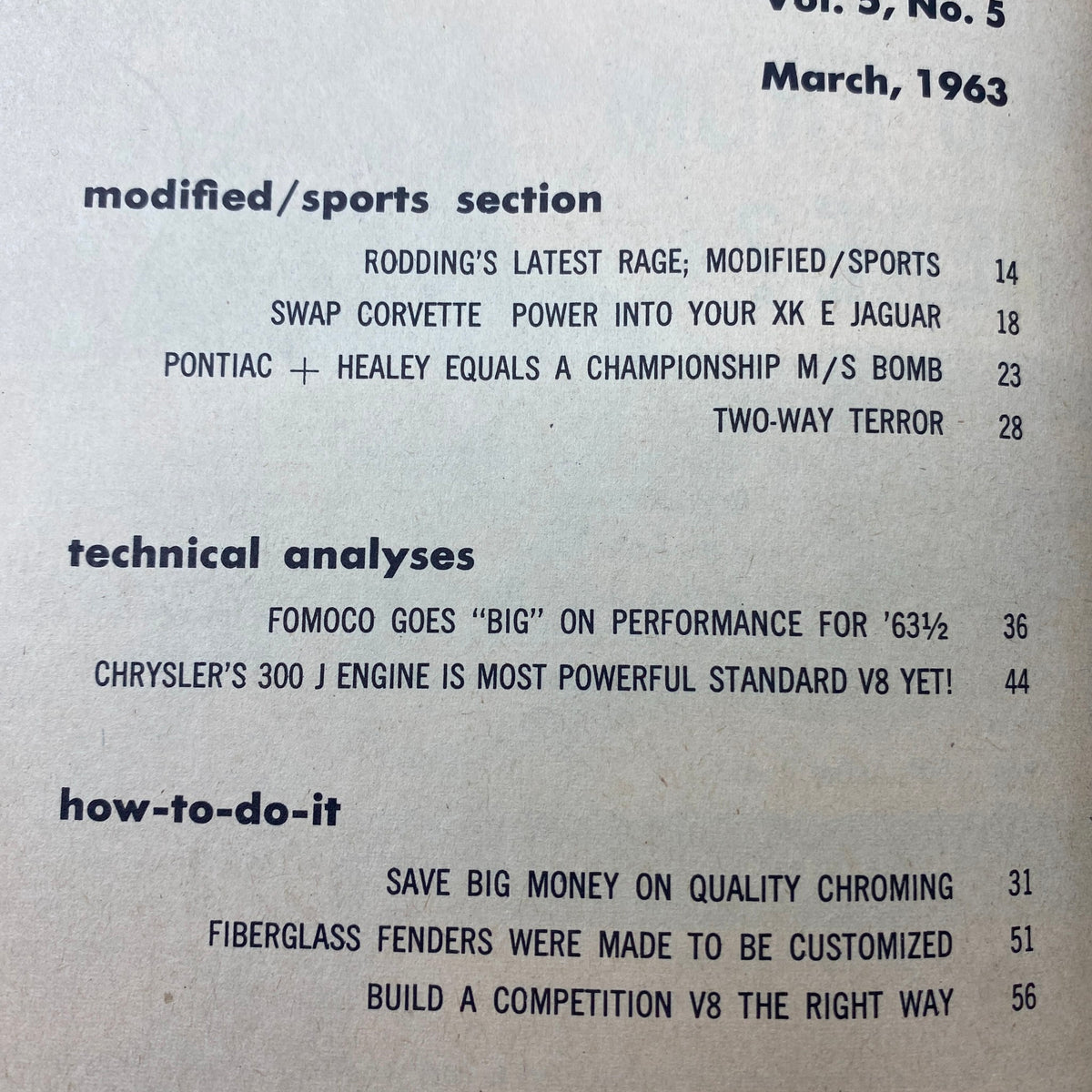 Table of contents from VTG Cars Magazine March 1963 highlighting sections on modified sports, technical analyses, and how-to guides for automotive enthusiasts.