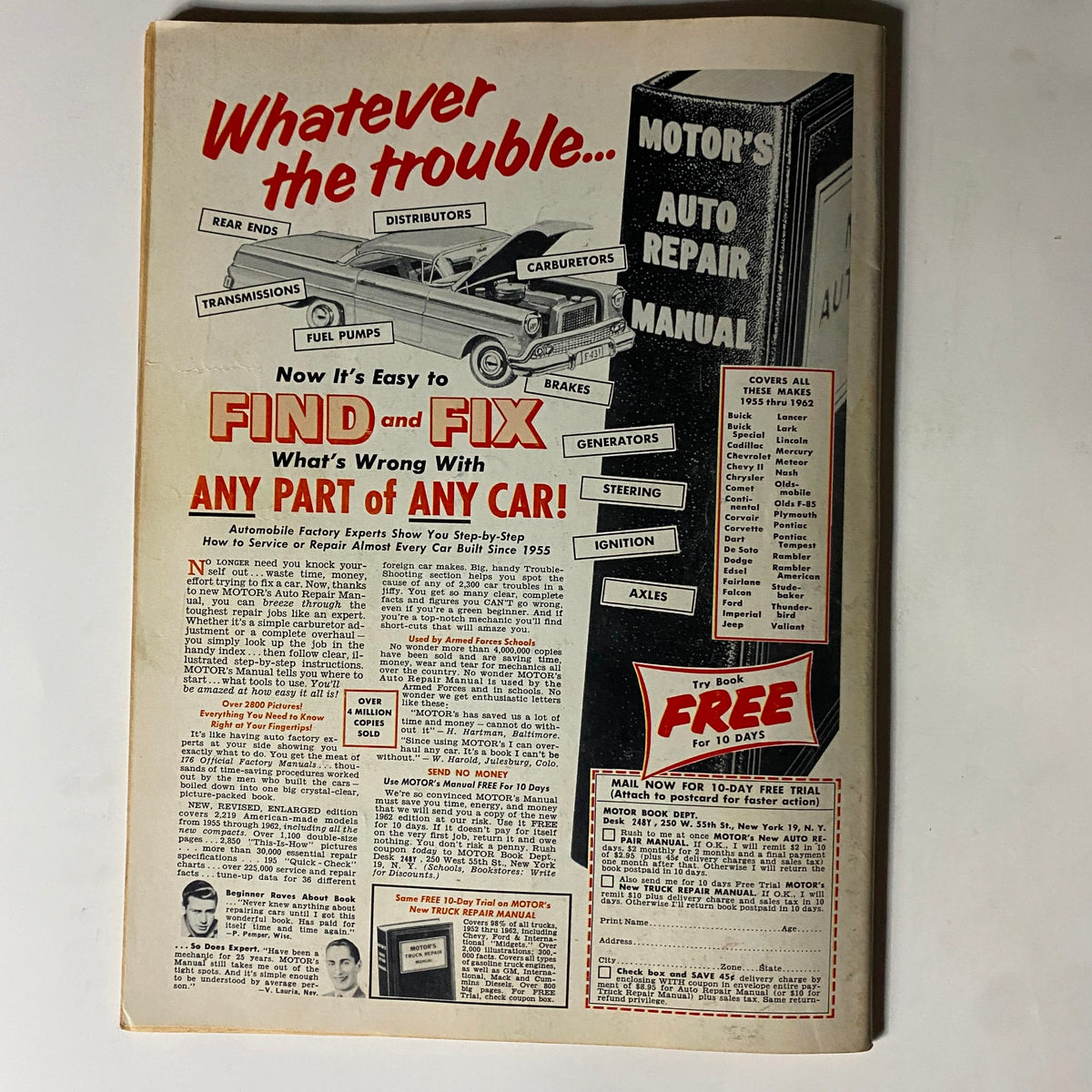 Back page of VTG Cars Magazine December 1962 exhibiting an advertisement for auto repair manuals, highlighting resources for troubleshooting cars.