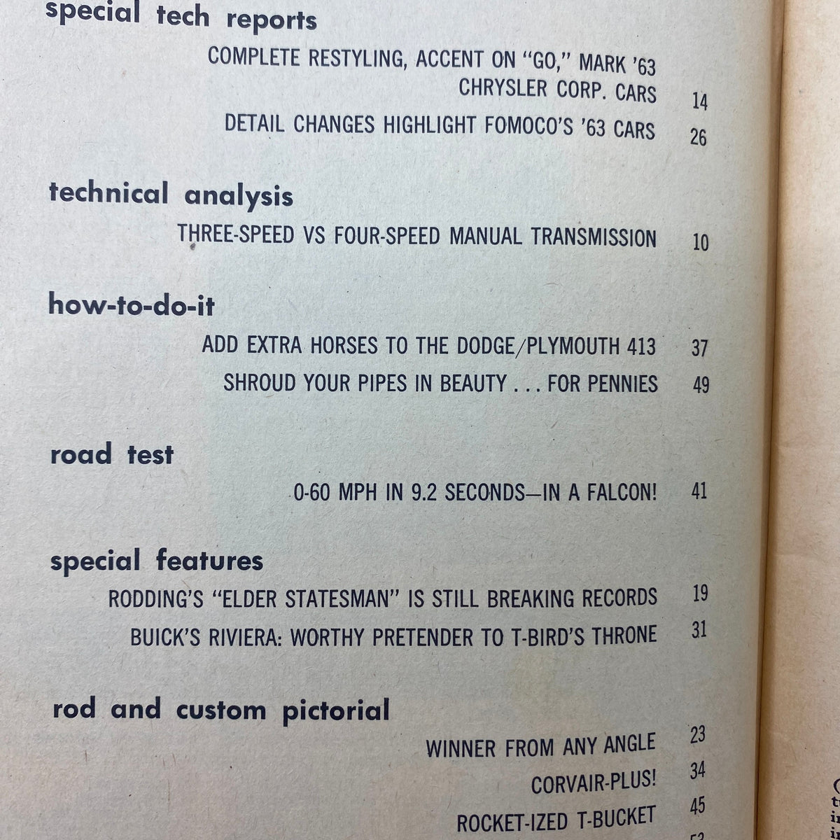 Inside page of VTG Cars Magazine November 1962, displaying special tech reports and technical analysis including details about restyling and manual transmissions.