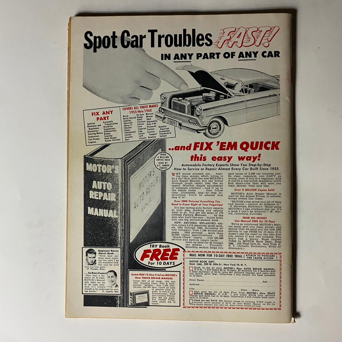Back cover of VTG Cars Magazine November 1962, featuring an advertisement for Motor's Auto Repair Manual, illustrating quick vehicle troubleshooting tips and services.