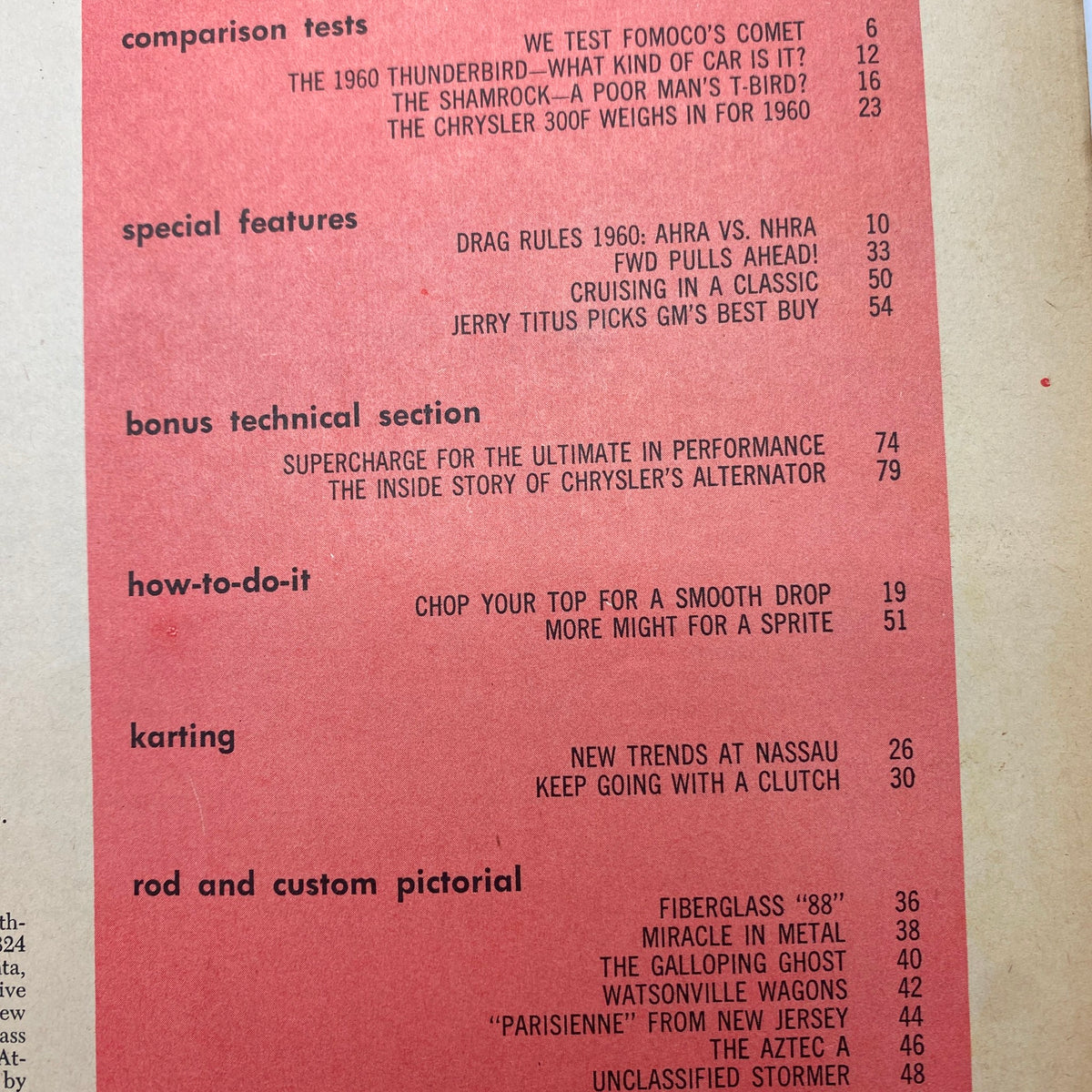 Contents page of VTG Cars Magazine May 1960, detailing articles and sections including comparison tests and technical features for vintage automotive enthusiasts.