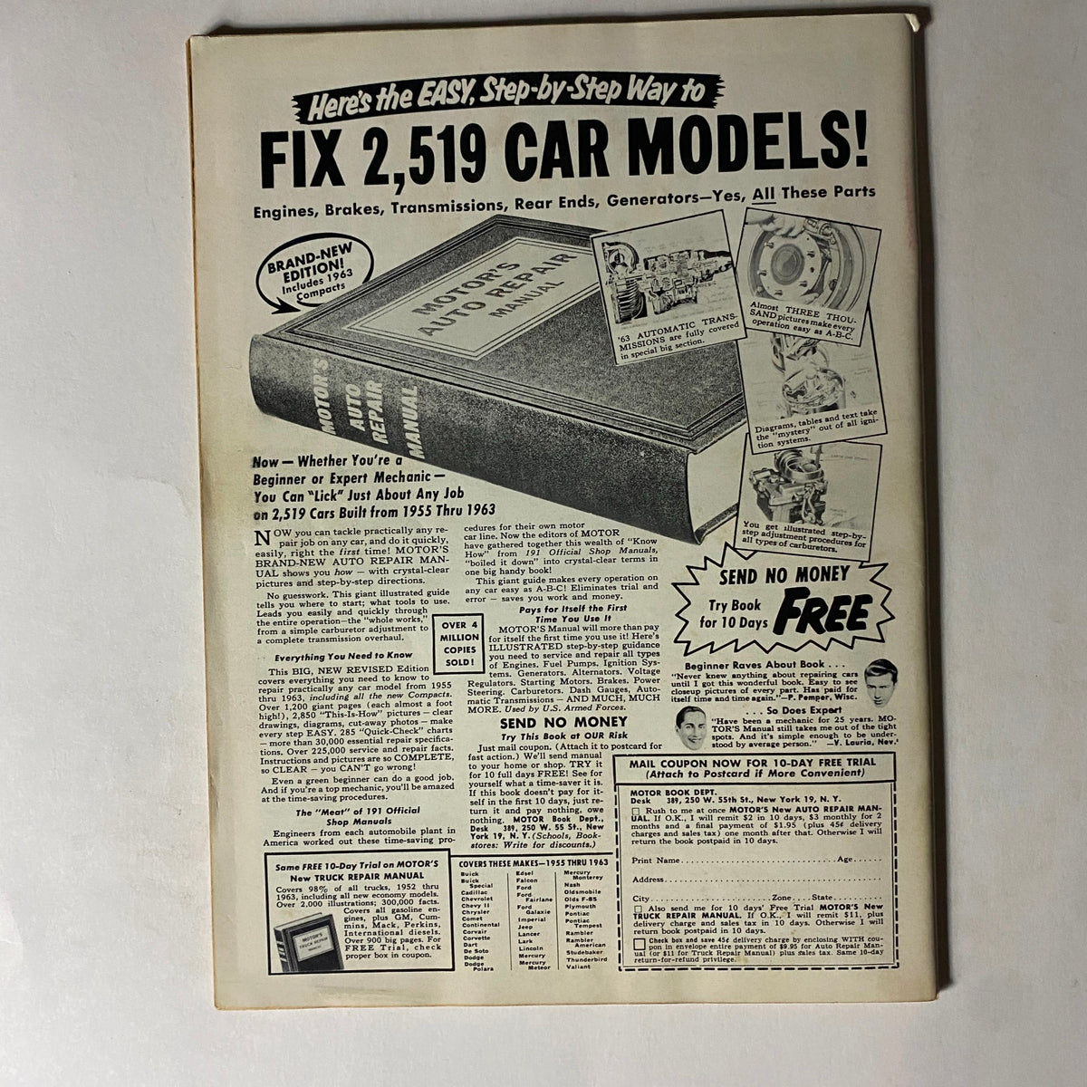 Back cover of the VTG Hop-Up Magazine September 1963 displaying an advertisement for fixing car models with a comprehensive auto repair manual.