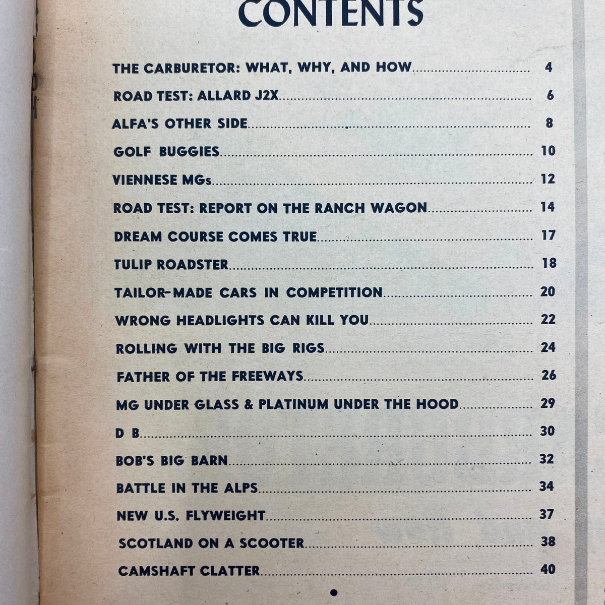 Contents page of the VTG Auto Sport Review Magazine December 1953 featuring articles including 'The Carburetor: What, Why, and How' and 'Road Test: Report on the Ranch Wagon', showcasing automotive history.