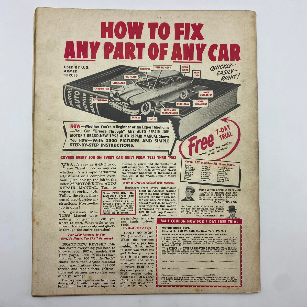 Back cover of the VTG Auto Sport Review Magazine December 1953, advertising the 1953 Auto Repair Manual and its features, aimed at both novice and expert mechanics.