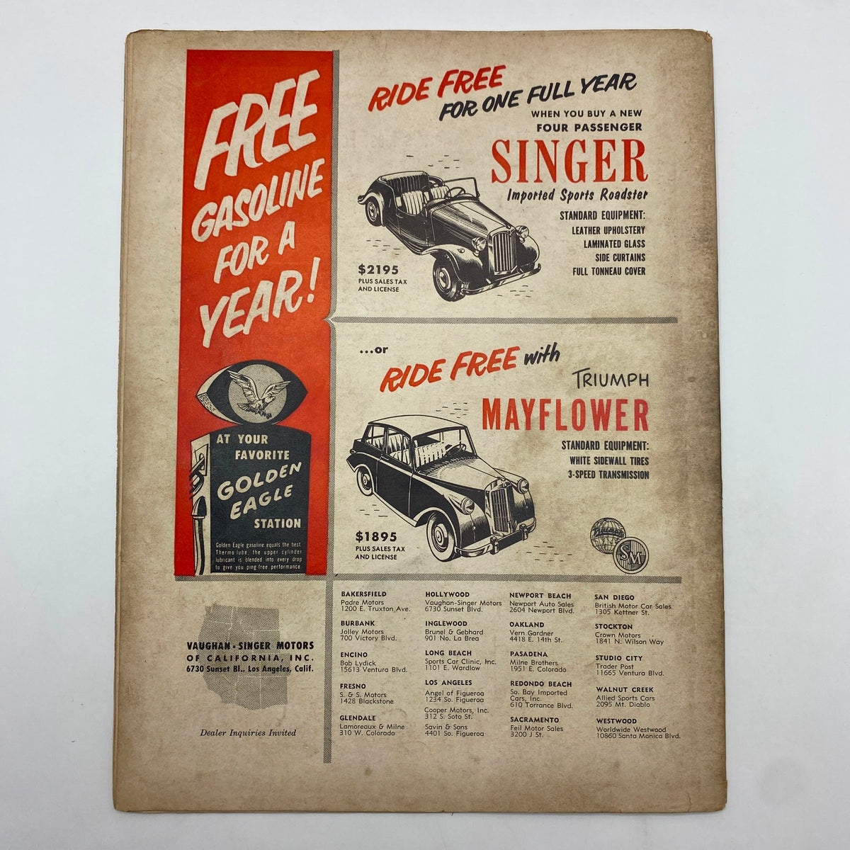 Vintage advertisement from Motor World Magazine September 25, 1953 featuring a promotion for free gasoline for a year, showcasing the Singer Sports Roadster and the Triumph Mayflower. Reflects 1950s automotive culture and advertisements.