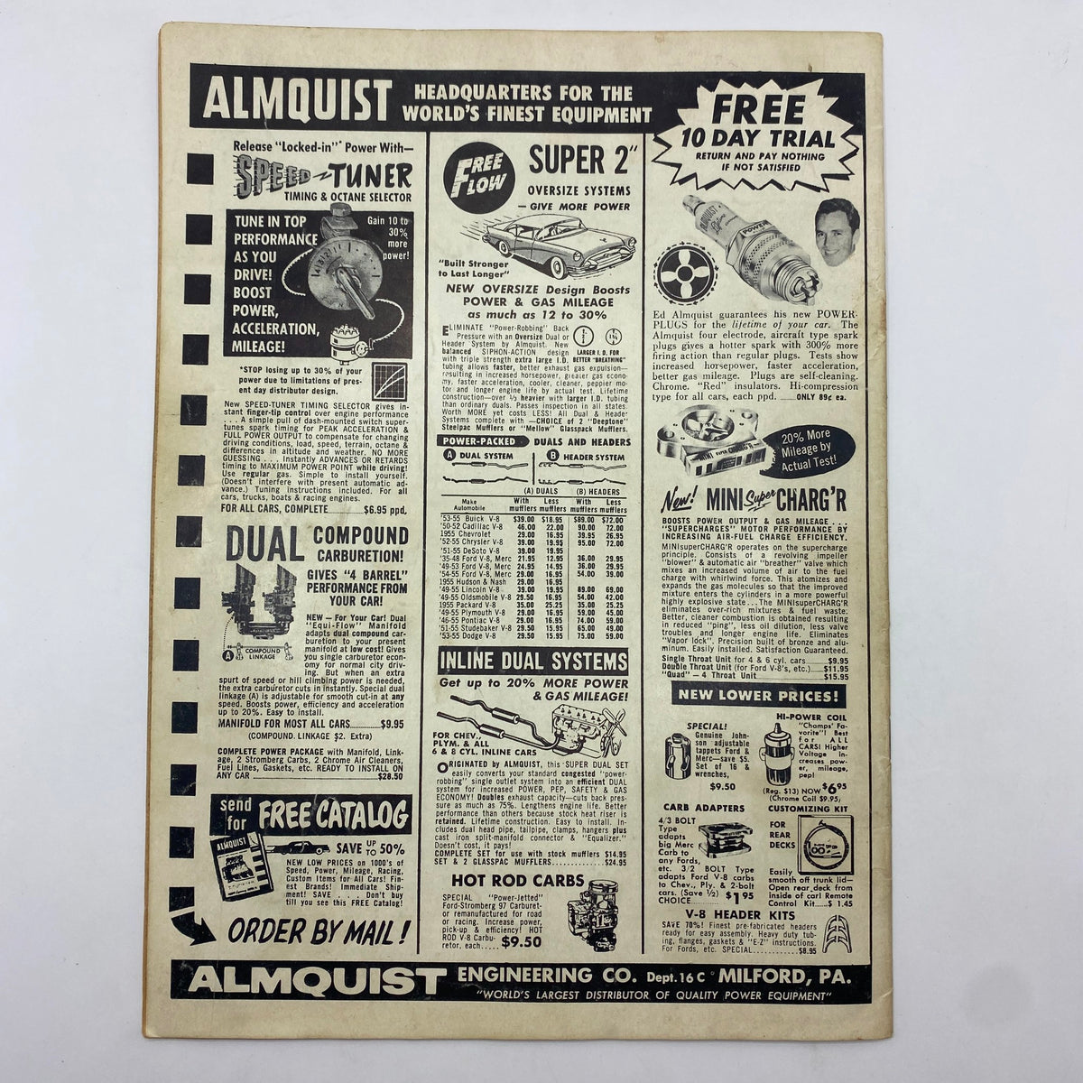 Back advertisement page of the VTG How To Soup-Up Your Car magazine from Fall 1955, promoting automotive performance equipment and tuning solutions by Almquist.