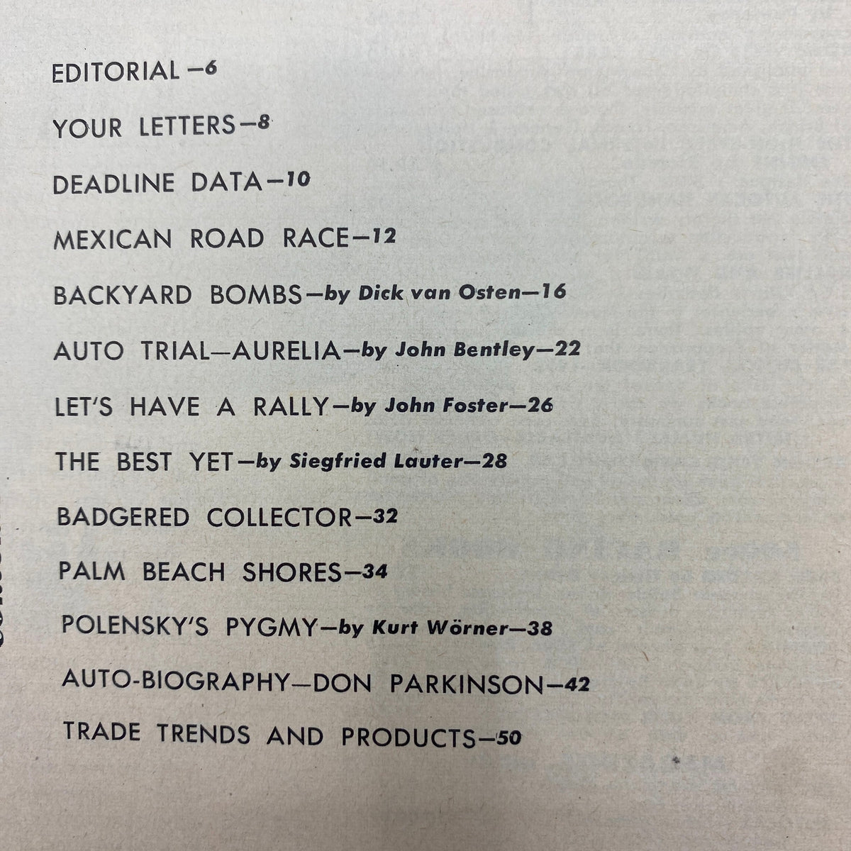 Table of contents for VTG Auto Speed and Sport Magazine March 1952, listing articles including 'Backyard Bombs' by Dick van Osten and 'Let's Have a Rally' by John Foster, among others.