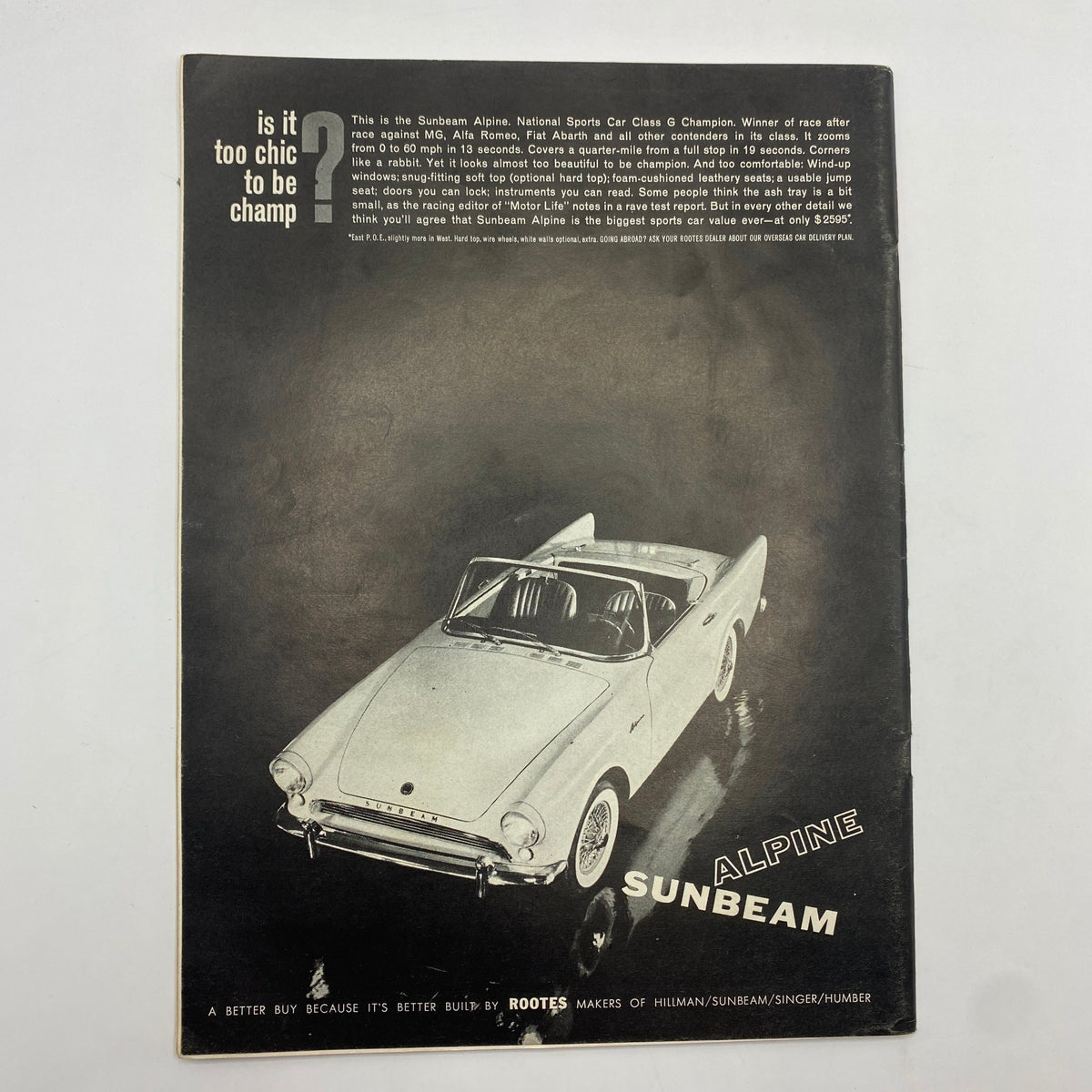 Advertisement for the Sunbeam Alpine, featured in the VTG Sports Car Graphic Magazine August 1961, showcasing its sleek design and performance metrics.