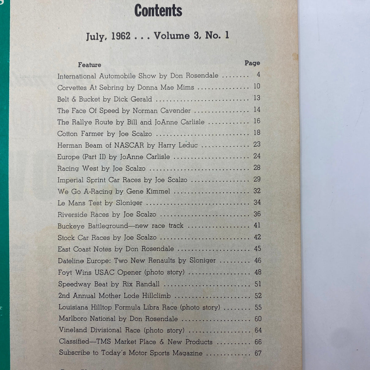 Contents page of VTG Today's Motor Sports Magazine July 1962, listing featured articles including 'Corvettes at Sebring', highlighting topics and page numbers.