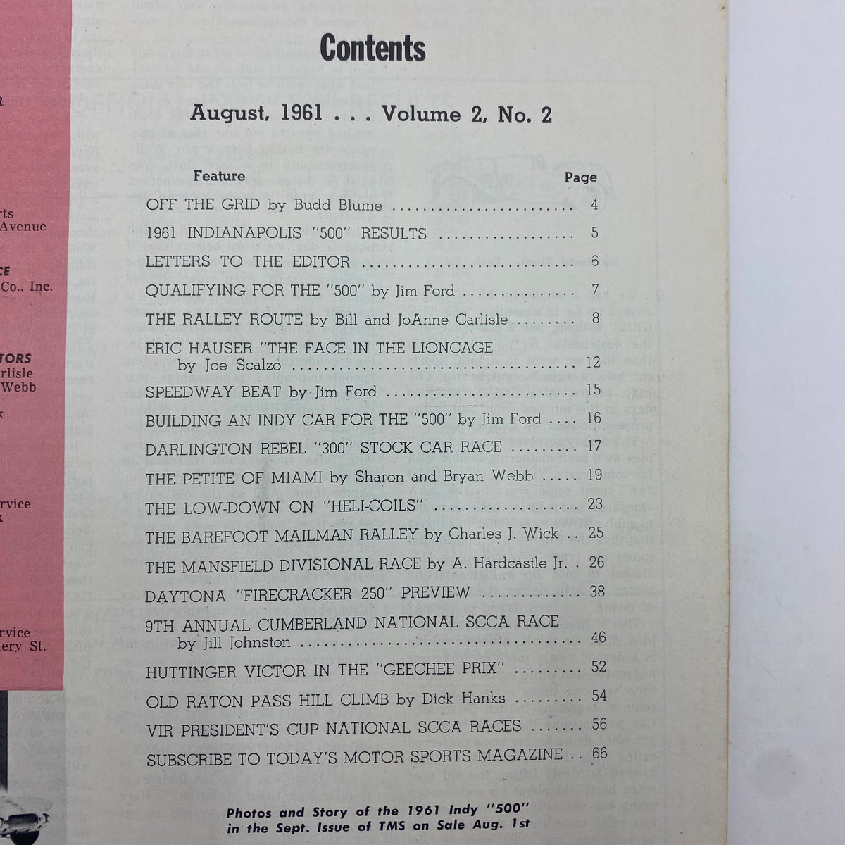 Table of contents from VTG Today's Motor Sports Magazine August 1961, detailing featured articles and racing events, including Indianapolis 500 results.