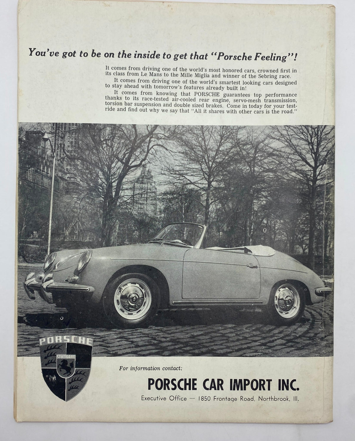 Back cover of VTG Today's Motor Sports Magazine from August 1961, showcasing a Porsche advertisement with a vintage convertible car.