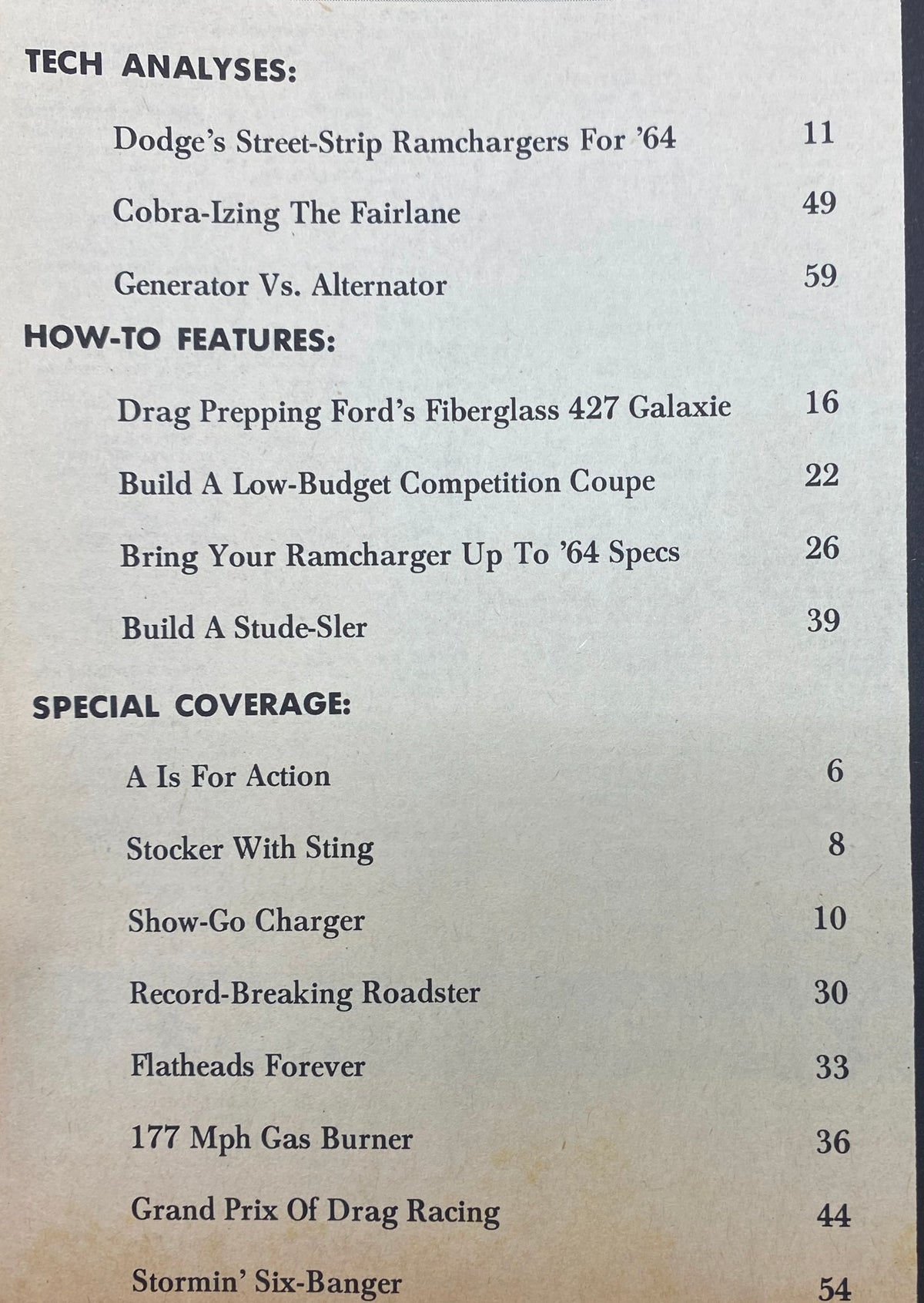 Table of contents from the VTG 1964 Performance Guide, listing articles on automotive enhancements and how-to features for vintage car enthusiasts.