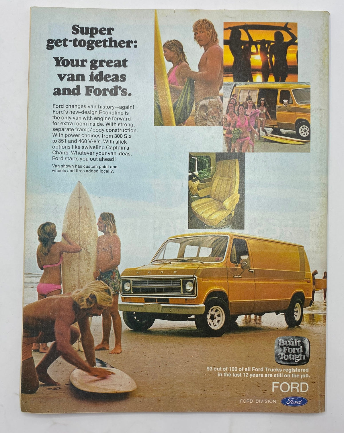Back cover of VTG 1001 Truck & Van Ideas Magazine, June 1976, showcasing a Ford van and beach scene, promoting great van ideas and Ford's innovations.