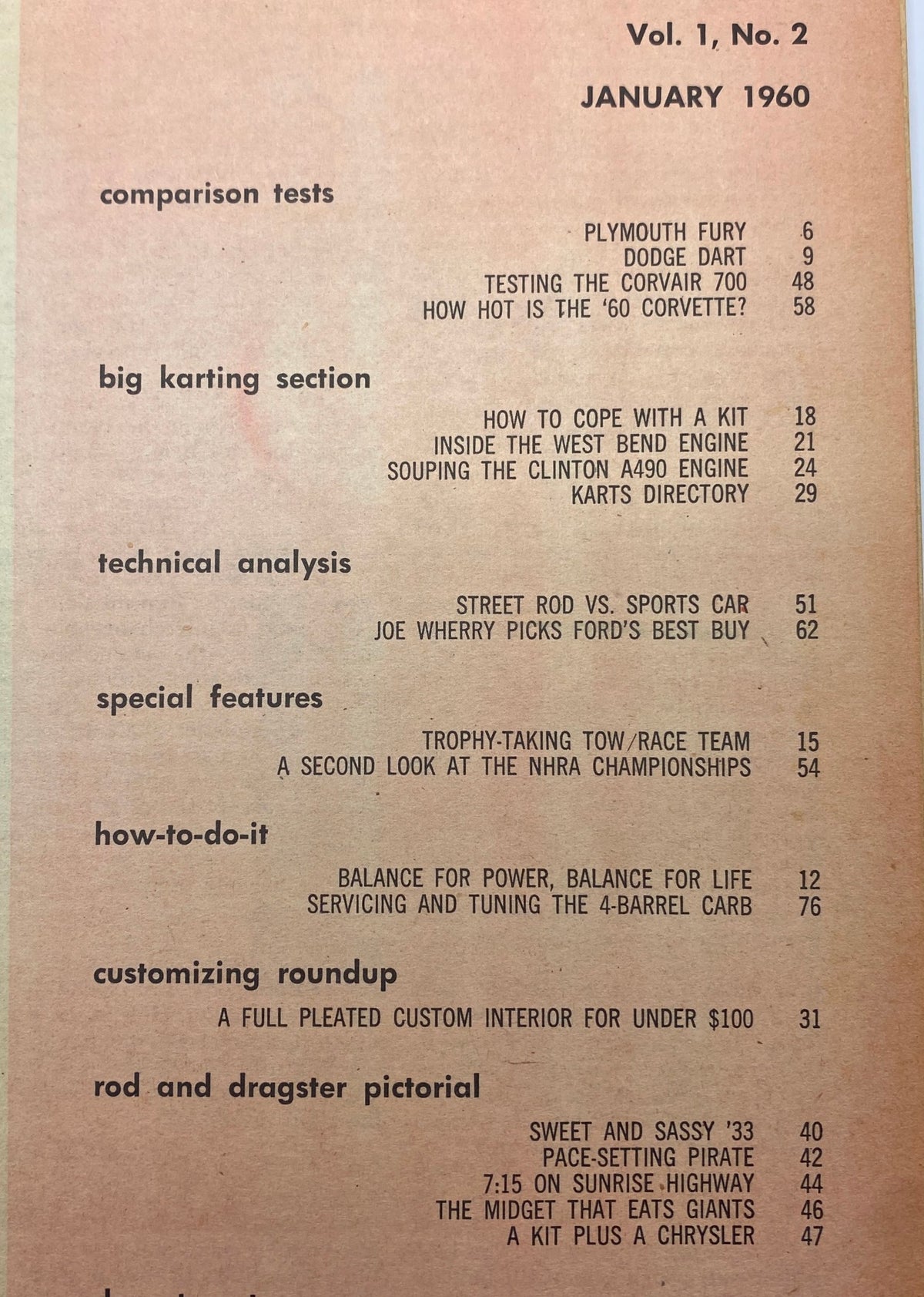 Table of contents from VTG Cars Magazine January 1960 Vol 1 No. 2 listing features on classic cars, karting, and automobile technical analyses.