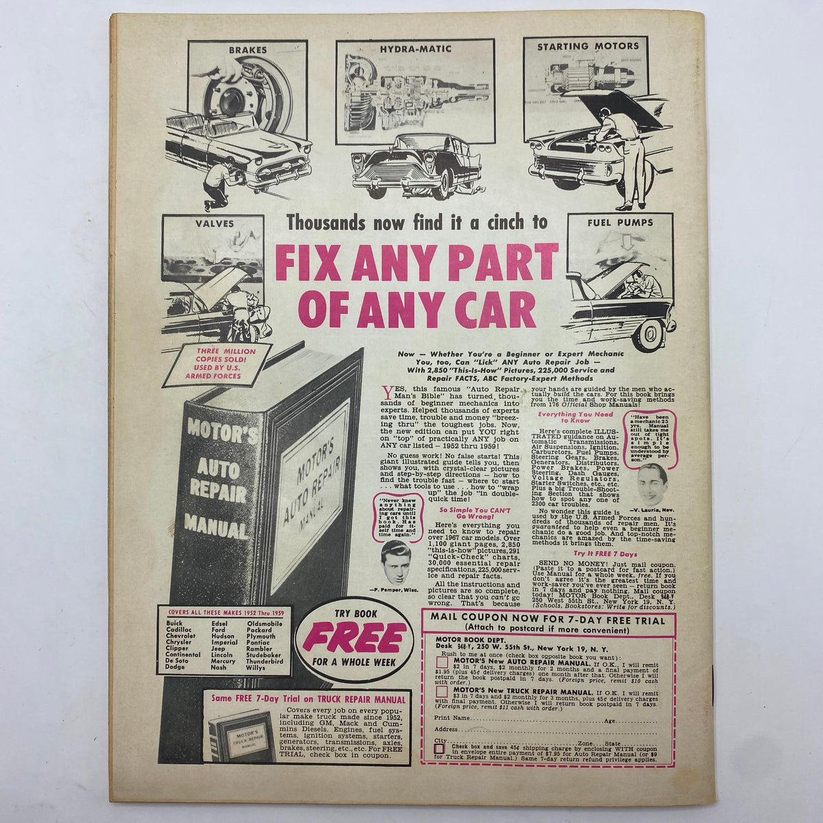 Vintage advertisement page from December 1959 edition of Cars Magazine, promoting 'Motor's Auto Repair Manual' with illustrations of car parts and repair tips.