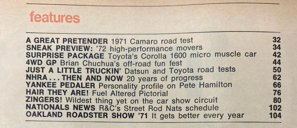 Features list from VTG Hot Rod Magazine July 1971, showcasing articles including 'A Great Pretender', 'Sneak Preview: '72 High-Performance Movers', and 'NHRA... Then and Now'.