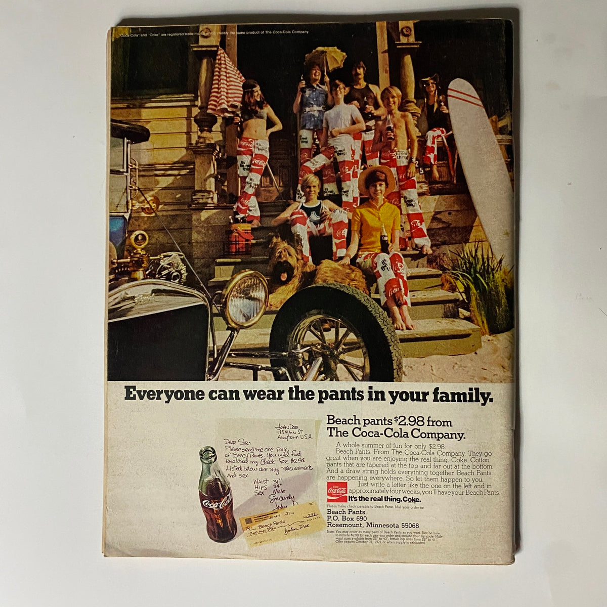 Vintage Hot Rod Magazine cover from June 1971 showcasing Pontiac's response to the GTO, featuring a nostalgic advertisement with a diverse group of people wearing Coca-Cola themed attire outside a classic car.