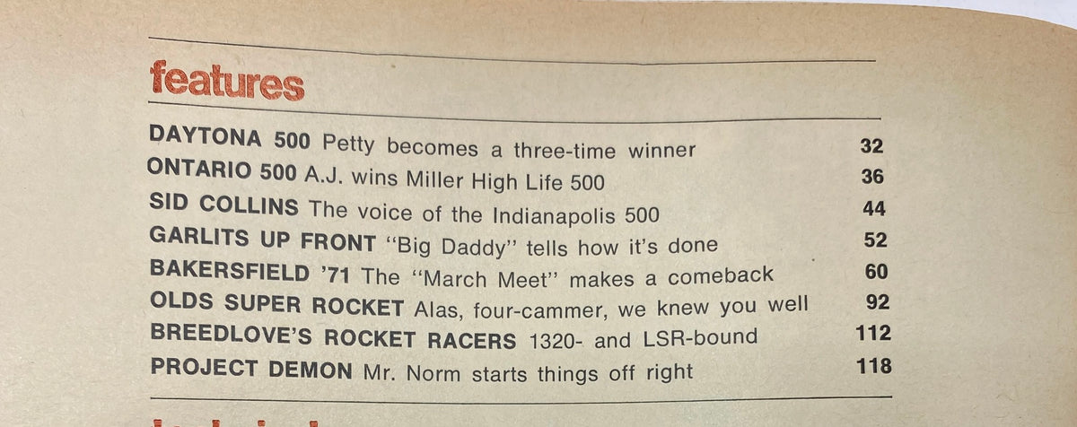 Interior features page of Hot Rod Magazine May 1971, outlining significant articles including Don Garlits.'s rear-engine design insights.