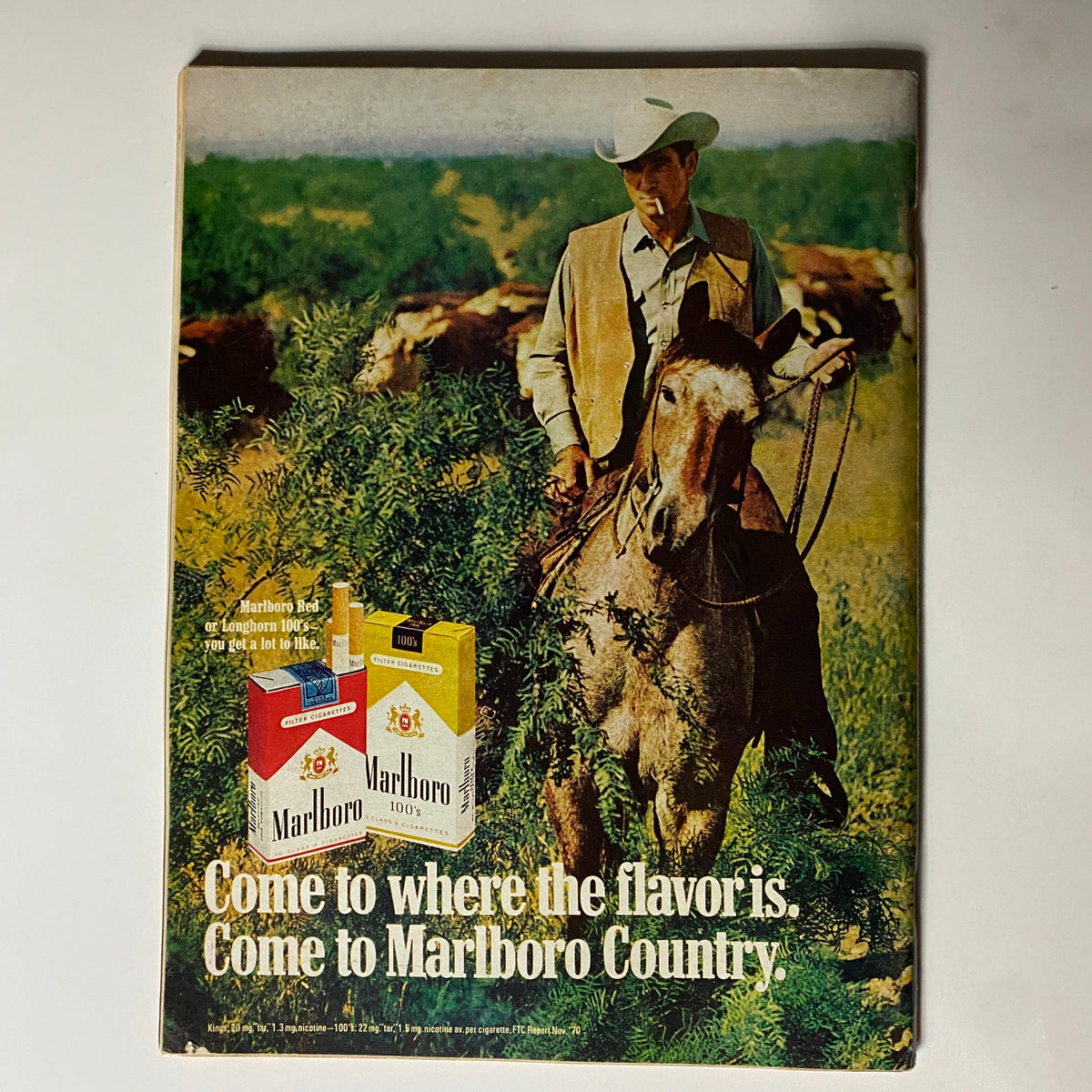 Promotional Marlboro advertisement featuring a cowboy, from the May 1971 issue of Hot Rod Magazine.