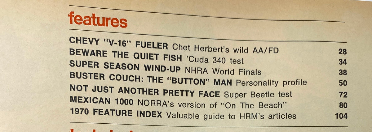 Feature index from VTG Hot Rod Magazine January 1971 displaying articles including 'Chevy V-16 Fueler' and 'Beware the Quiet Fish'.
