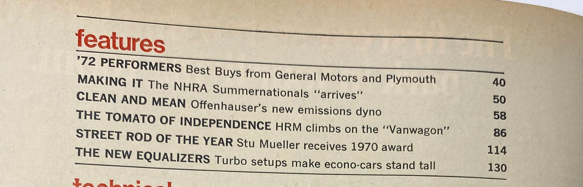Table of contents page from Hot Rod Magazine October 1971, listing featured articles including '72 Performers' and 'The Tomato of Independence'.