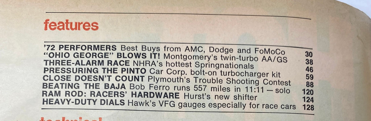 Table of contents from Hot Rod Magazine September 1971, highlighting features such as '72 Performers' and 'Ohio George Blows It!', reflecting the magazine's focus on automotive highlights and racing culture.