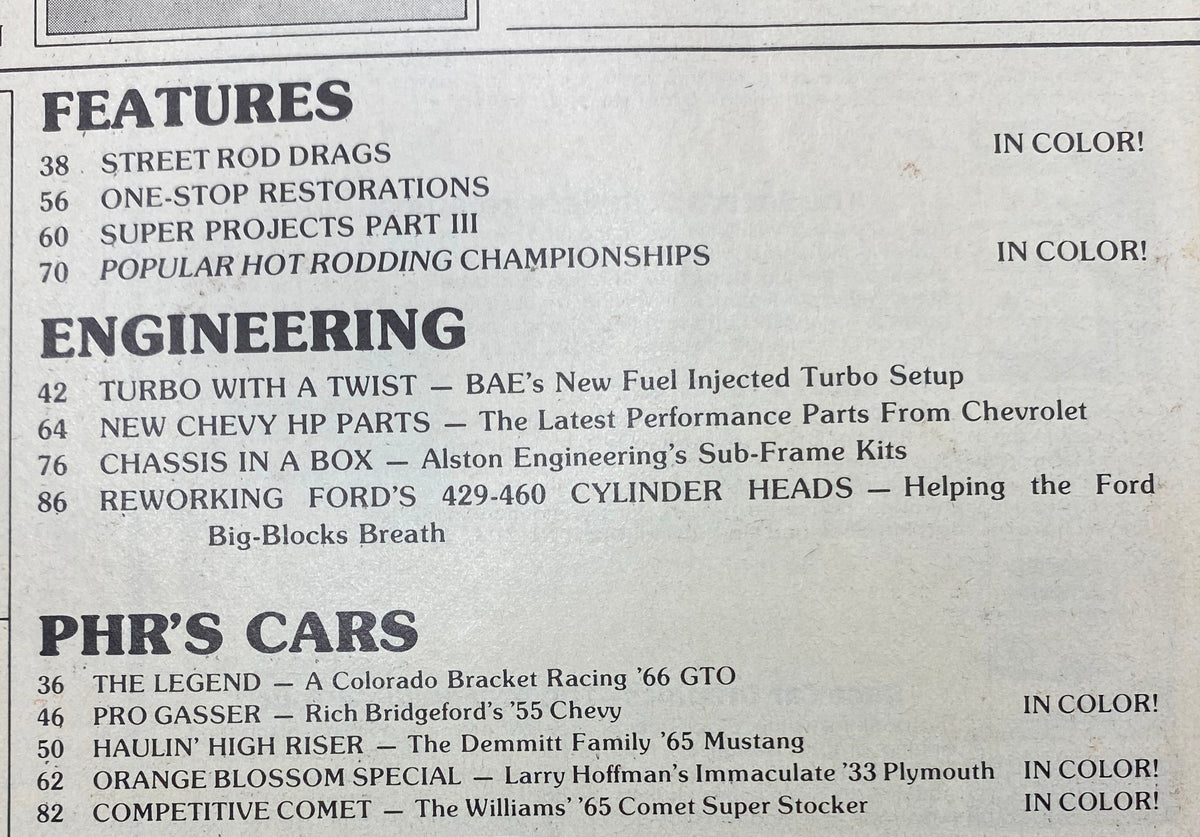 Inside page of VTG Hot Rodding Magazine November 1979, highlighting engineering features including Ford's 429-460 cylinder heads and various classic car articles.