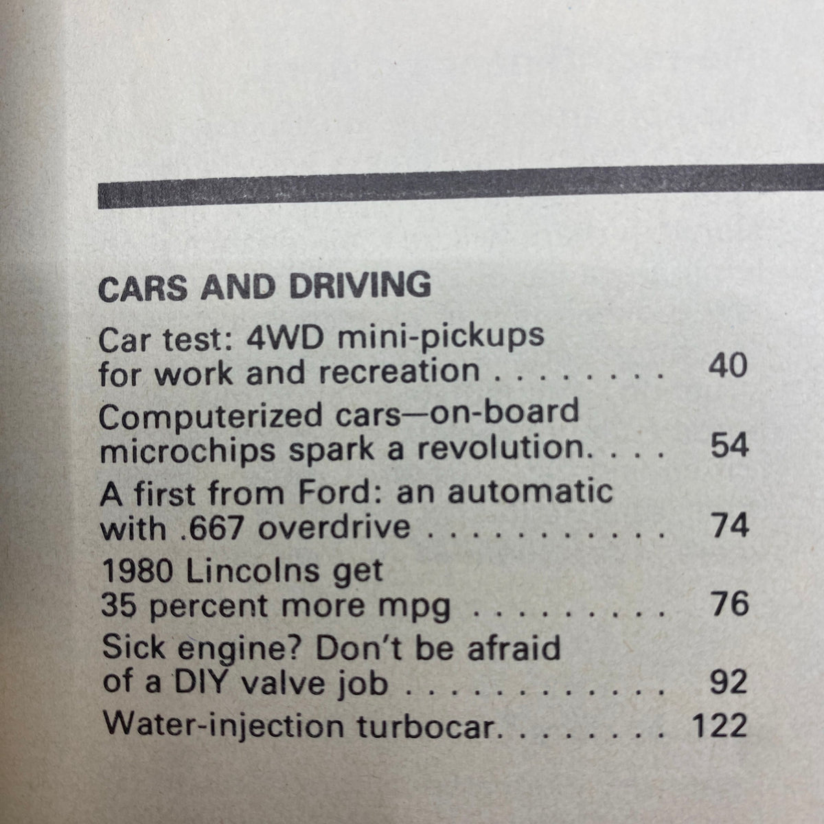 Table of contents from VTG Popular Science Magazine August 1979 highlighting features on computerized cars, 4WD mini-pickups, and Ford's automatic transmission.
