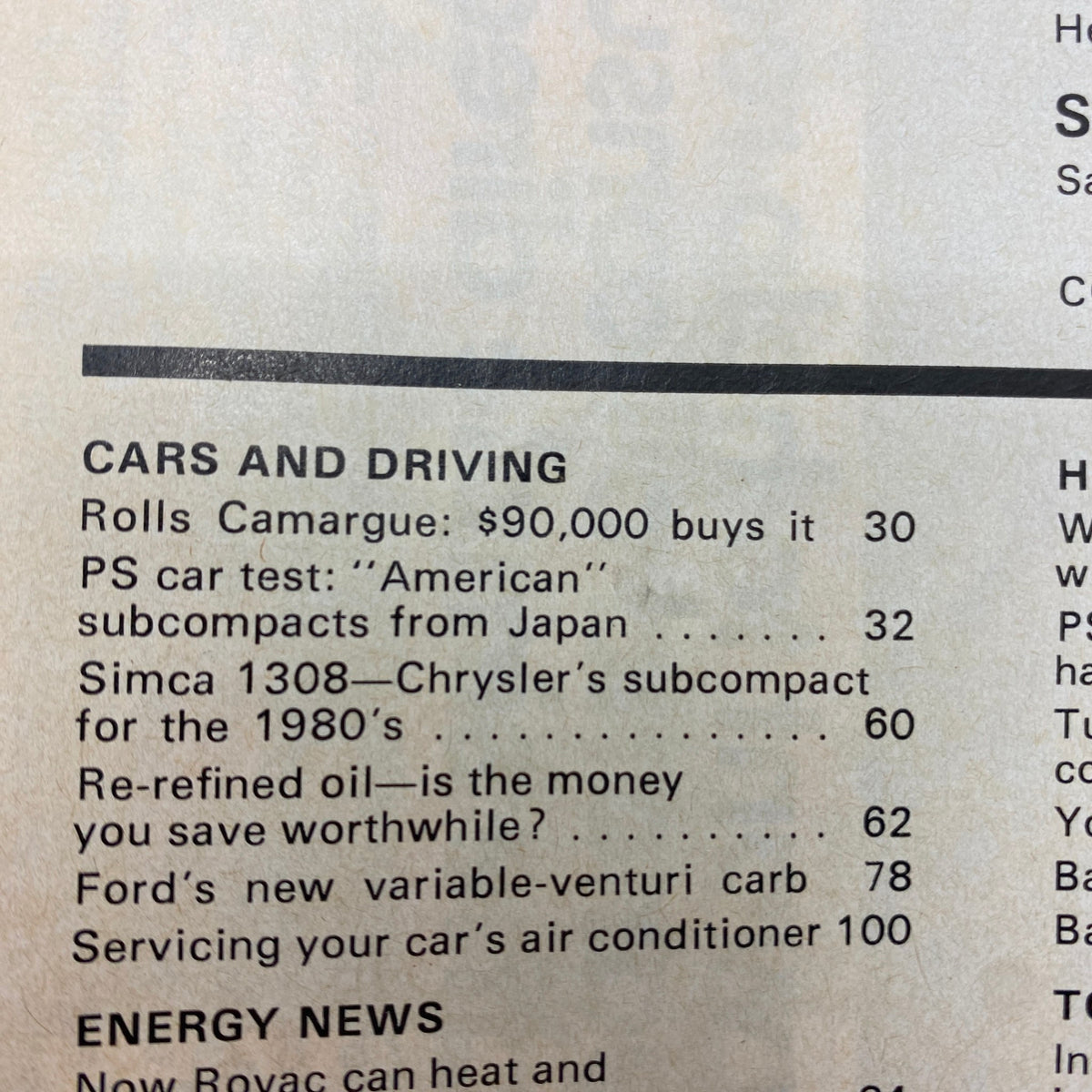 Table of contents from VTG Popular Science Magazine August 1976 highlighting articles on Ford's variable-venturi carburetor and various automotive features.