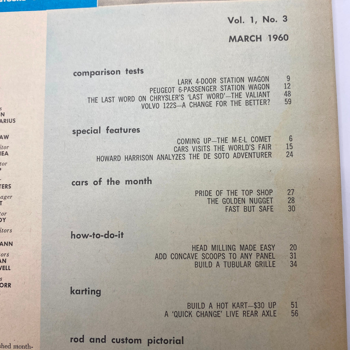 Table of contents from VTG Cars Magazine, March 1960, listing features such as vehicle comparisons like Lark 4-Door Station Wagon and articles on customization and automotive topics.